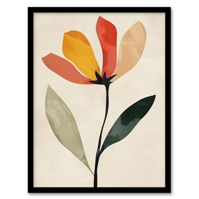 "Artery8 Wall Art Print Single Flower Simple Abstract Bright Painting Art Framed Poster in Black - Size: W12"" x H16""" - image 1