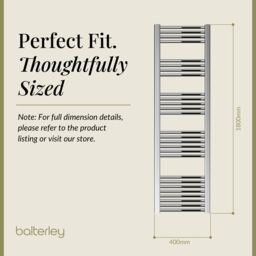 Balterley Straight Heated Towel Rail Radiator, 383W, 400 x 1800mm, Chrome in Silver - thumbnail 5