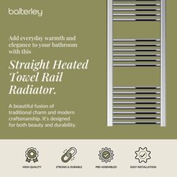 Balterley Straight Heated Towel Rail Radiator, 383W, 400 x 1800mm, Chrome in Silver - thumbnail 2