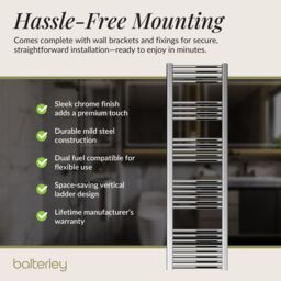 Balterley Straight Heated Towel Rail Radiator, 383W, 400 x 1800mm, Chrome in Silver - thumbnail 4