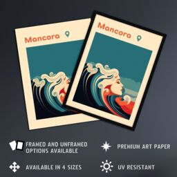Artery8 Wall Art Print The Seaside Calls Mancora Beach Peru Modern Woman of the Waves Sea Siren Ocean Art Framed in Blue - Size: A4 - thumbnail 2