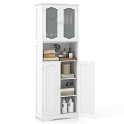 Costway Tall Bathroom Storage Cabinet Tempered Glass Door Pantry Cabinet in White