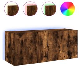 Berkfield Home TV Wall Cabinet with LED Lights Smoked Oak 100x35x41 cm in Brown - Size: 100 x 35 x 41 cm - thumbnail 2