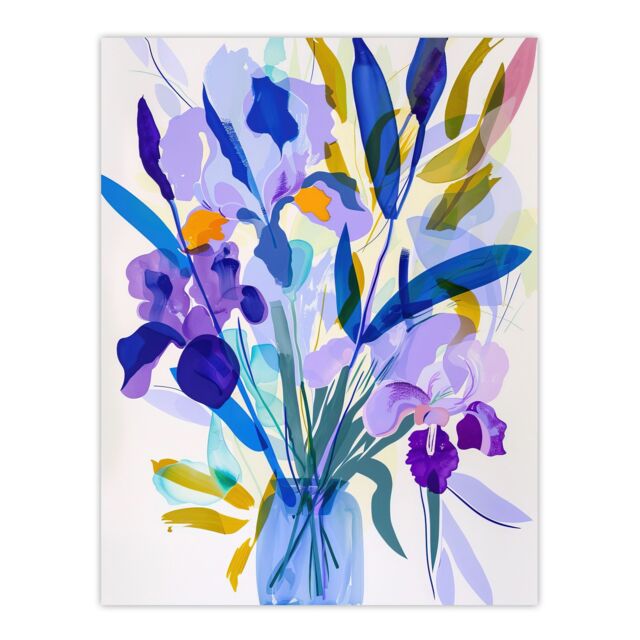 "Artery8 Iris Flower Bouquet in Vase Contemporary Painting Wall Art Print in Purple - Size: W12"" x H16""" - image 1
