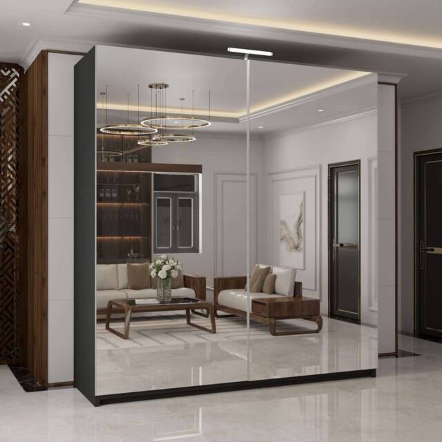 MN Furniture Full Mirror 200cm Sliding Doors Wardrobe with LED Lighting in Black - image 1