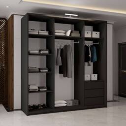 MN Furniture Full Mirror 200cm Sliding Doors Wardrobe with LED Lighting in Black - thumbnail 4