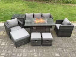 Fimous 8 Seater Wicker PE Rattan Garden Furniture Set Gas Fire Pit Dining Table Gas Heater Burner 2 Armchairs in Dark Grey - thumbnail 3