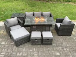 Fimous 8 Seater Wicker PE Rattan Garden Furniture Set Gas Fire Pit Dining Table Gas Heater Burner 2 Armchairs in Dark Grey - thumbnail 1
