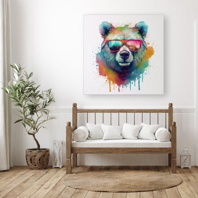 "Warren Reed - Designer Splashart Colourful Bear In Glasses Canvas - Size: W30"" x H30""" - image 1