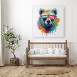 "Warren Reed - Designer Splashart Colourful Bear In Glasses Canvas - Size: W30"" x H30""" - thumbnail 1