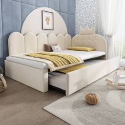 STILVORA 3ft Single Daybed with Pull-Out Bed in Beige Velvet - thumbnail 4