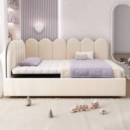 STILVORA 3ft Single Daybed with Pull-Out Bed in Beige Velvet - thumbnail 3