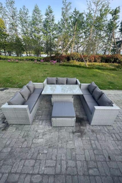 Fimous U Shape Lounge Rattan Garden Furniture Set Adjustable Rising Lifting Table Dining Set in Light Grey - image 1
