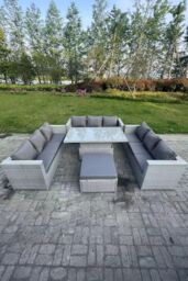 Fimous U Shape Lounge Rattan Garden Furniture Set Adjustable Rising Lifting Table Dining Set in Light Grey - thumbnail 2