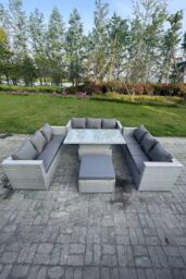 Fimous U Shape Lounge Rattan Garden Furniture Set Adjustable Rising Lifting Table Dining Set in Light Grey - thumbnail 1