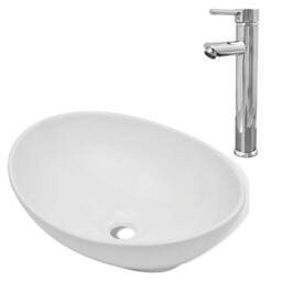Berkfield Home Elegant Bathroom Basin with Mixer Tap Ceramic Oval White - thumbnail 3