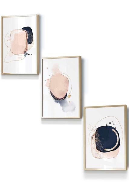 ARTZE Framed Abstract Navy Blue & Blush Pink Framed Wall Art - Small in Metallic Gold - Size: W33 cm x H45 cm x D20mm - image 1