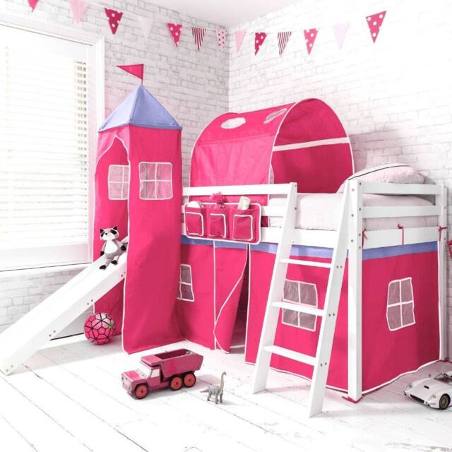 Nöa and Nani Moro Cabin Bed Midsleeper with Slide & Pretty Pink Package in White - Size: Single - image 1