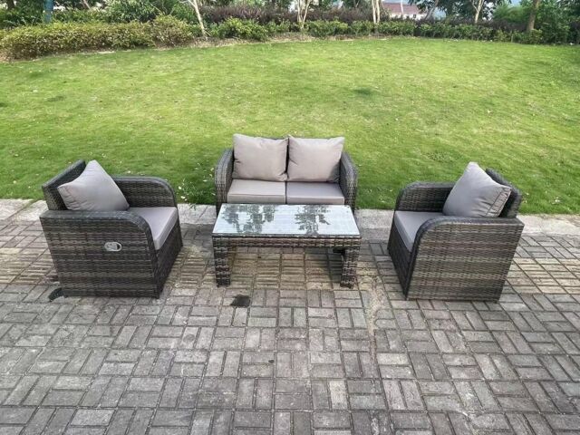 Fimous Dark Grey PE Wicker Rattan Garden Furniture Set Love Sofa Reclining Chair Outdoor Coffee Table 4 Seater - image 1