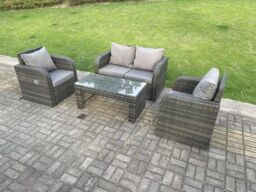 Fimous Dark Grey PE Wicker Rattan Garden Furniture Set Love Sofa Reclining Chair Outdoor Coffee Table 4 Seater - thumbnail 2