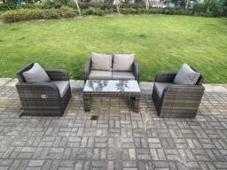 Fimous Dark Grey PE Wicker Rattan Garden Furniture Set Love Sofa Reclining Chair Outdoor Coffee Table 4 Seater - thumbnail 1