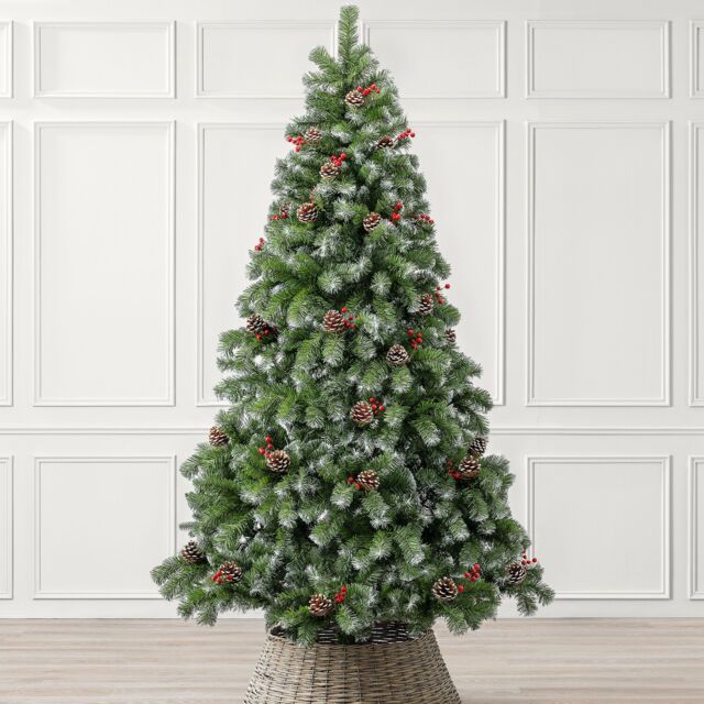 Christow Cone & Berry Artificial Christmas Tree Snowy Snow Flocked With Stand 5ft 6ft 7ft in Green - image 1