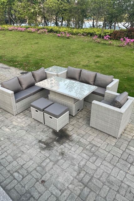 Fimous Rattan Garden Funiture Set Height Adjustable Rising Lifting Table Sofa Dining Set Table Chair Stool in Light Grey - image 1
