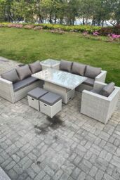 Fimous Rattan Garden Funiture Set Height Adjustable Rising Lifting Table Sofa Dining Set Table Chair Stool in Light Grey - thumbnail 1