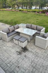 Fimous Rattan Garden Funiture Set Height Adjustable Rising Lifting Table Sofa Dining Set Table Chair Stool in Light Grey - thumbnail 2