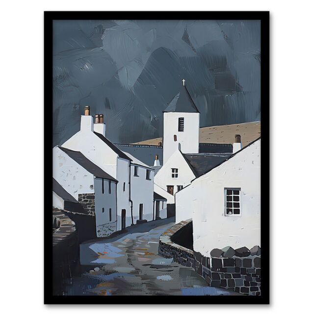 "Artery8 Aberdaron Village Oil Painting Wales Timeless Framed Art Print in Grey - Size: W12"" x H16""" - image 1