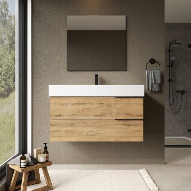 Banyetti Celtic 1000mm Wall Hung Bathroom Vanity Unit with Veneto 1 Tap Hole Basin - Ostippo Oak in Light Oak - image 1