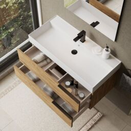 Banyetti Celtic 1000mm Wall Hung Bathroom Vanity Unit with Veneto 1 Tap Hole Basin - Ostippo Oak in Light Oak - thumbnail 4
