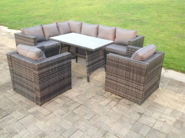 Fimous Rattan Corner Sofa Set Garden Furniture With 2 Chairs & Dining Table Left Hand in Dark Grey - image 1