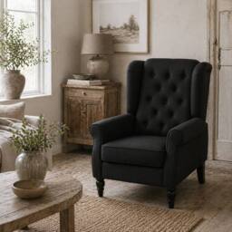 Wyld Haus Royo Black Linen Look Retro Wingback Armchair Diamond Tufted