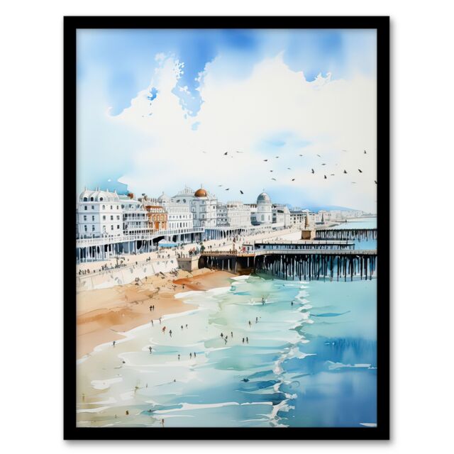 Artery8 Wall Art Print Brighton Beach Watercolour Busy Promenade Coastal Framed in Blue - Size: A4 - image 1
