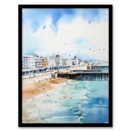 Artery8 Wall Art Print Brighton Beach Watercolour Busy Promenade Coastal Framed in Blue - Size: A4 - thumbnail 1