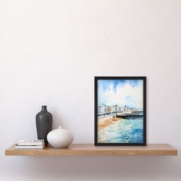 Artery8 Wall Art Print Brighton Beach Watercolour Busy Promenade Coastal Framed in Blue - Size: A4 - thumbnail 4