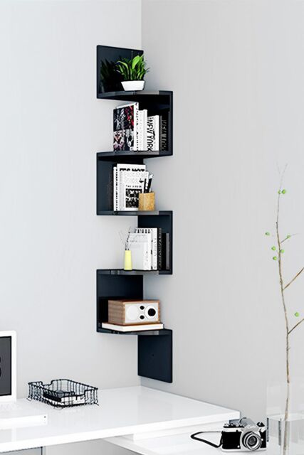 Living and Home 5-Tier Wooden Zigzag Floating Corner Shelves Black Bookshelf - image 1