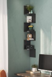 Living and Home 5-Tier Wooden Zigzag Floating Corner Shelves Black Bookshelf - thumbnail 2