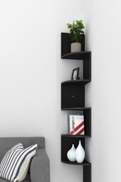 Living and Home 5-Tier Wooden Zigzag Floating Corner Shelves Black Bookshelf - thumbnail 5