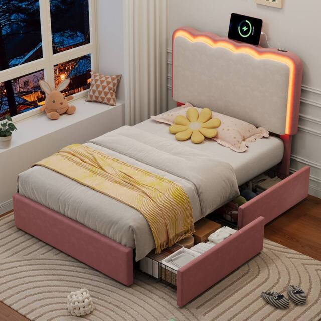 Merax Pink & Cream White Single Velvet Storage Bed with LED Wavy Headboard - image 1