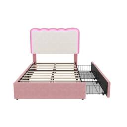 Merax Pink & Cream White Single Velvet Storage Bed with LED Wavy Headboard - thumbnail 7
