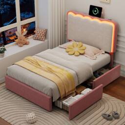 Merax Pink & Cream White Single Velvet Storage Bed with LED Wavy Headboard