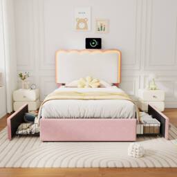 Merax Pink & Cream White Single Velvet Storage Bed with LED Wavy Headboard - thumbnail 3