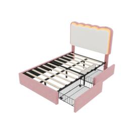 Merax Pink & Cream White Single Velvet Storage Bed with LED Wavy Headboard - thumbnail 5