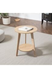 Living and Home 2-Tier Natural Wood-Tone Minimalist Round Side Table，48cm W x 48cm D x 60cm H in Light Oak - Size: 48 cm W x 48 cm D x 60 cm H