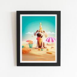 "Warren Reed - Designer Dog On A Beach Holiday Framed Art Print in Black - Size: W12"" x H16""" - thumbnail 2
