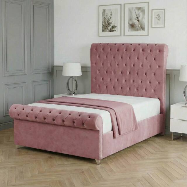 Living Comfort Bedz Regency Sleigh Slatted Base Upholstered Bed with 48 Inch Headboard in Pink - Size: King - image 1