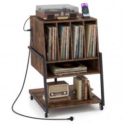 Costway Record Player Stand w/Charging Station Turntable Stand w/ Vinyl Holder in Brown - thumbnail 3