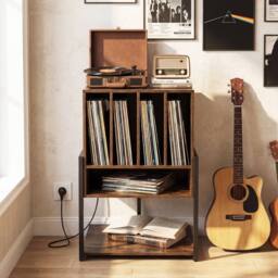 Costway Record Player Stand w/Charging Station Turntable Stand w/ Vinyl Holder in Brown - thumbnail 1